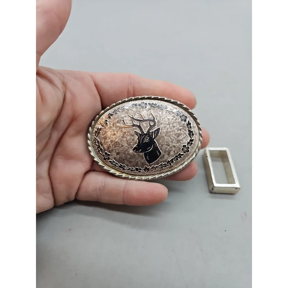 VINTAGE 1970s *BUCK HEAD* DEER ANIMAL WILDLIFE ARTWORK MENS‎ BELT BUCKLE USA